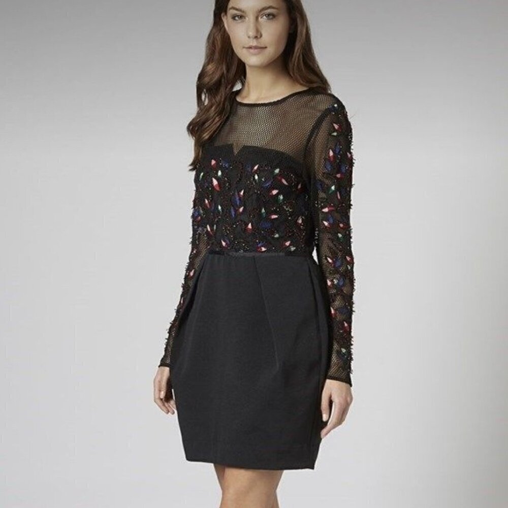 NWT Topshop Limited Edition Black Long Sleeve embellished mesh dress, Size 2